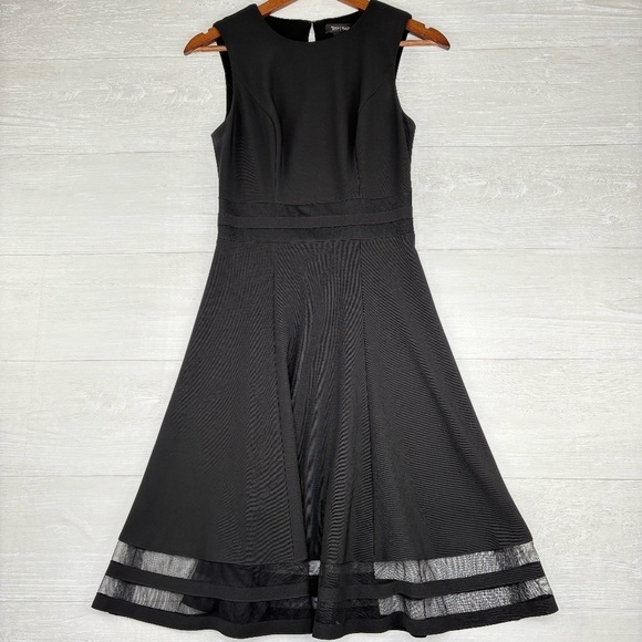 WHBM Black Sleeveless Flare Dress Midi Dress with Lace Netting Hem Line Size 00 - Picture 2 of 14